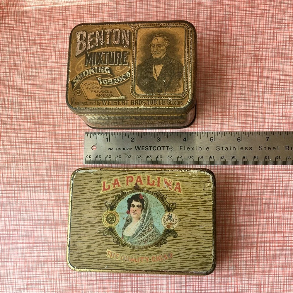 Set of two vintage antique metal cigar tobacco boxes tins advertising tobacciana